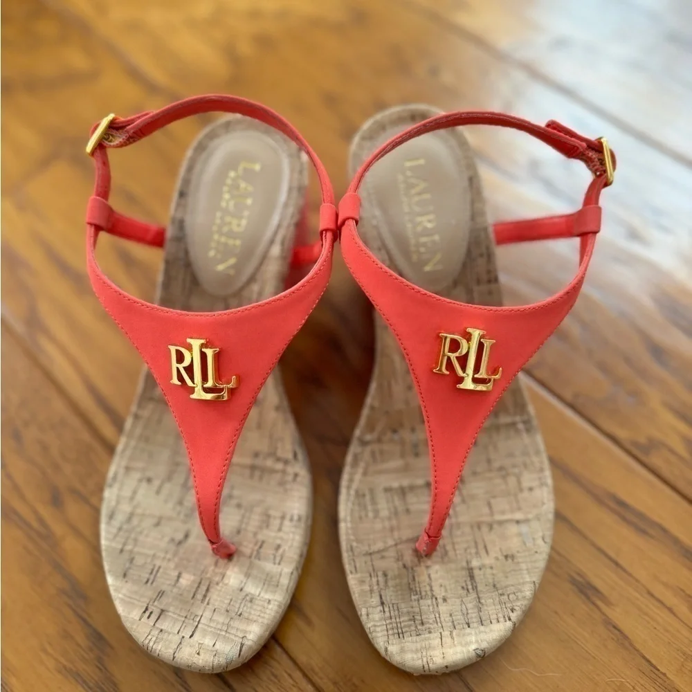 Lauren Ralph Lauren Jeannie Coral Logo Wedge Sandals Thong Flip Flop 6 - Picture 4 of 13